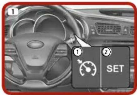 Car dashboard screenshot with labeled buttons and a speedometer icon, showing 'SET' button