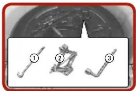 Three mechanical components with numbered labels: wrench, bracket, and fulcrum (no text or symbols on parts)