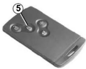 Close-up of a gray remote control device with three buttons and a label pointing to the digit '5' (no text or symbols on the device itself)