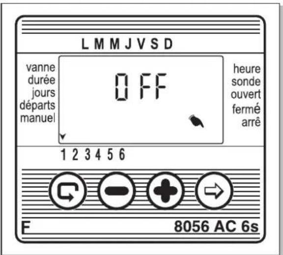 L M M J V S D vanne durée jours départs manuel OFF heure sonde ouvert fermé arrê 1 2 3 4 5 6 F 8056 AC 6s