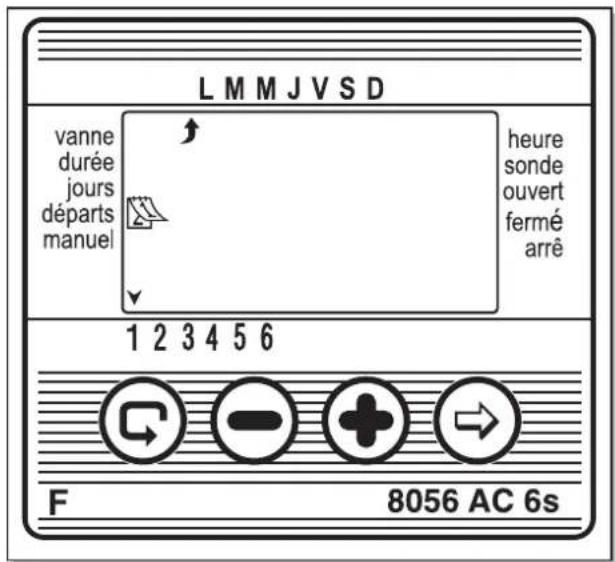 L M M J V S D vanne durée jours départs manuel 1 2 3 4 5 6 heure sonde ouvert fermé arrê F 8056 AC 6s