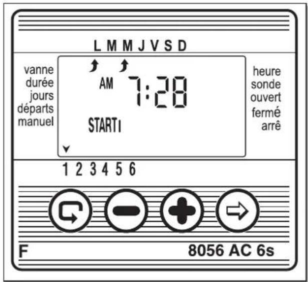 L M M J V S D vanne durée jours départs manuel AM 7:28 STARTI heure sonde ouvert fermé arrê 1 2 3 4 5 6 F 8056 AC 6s