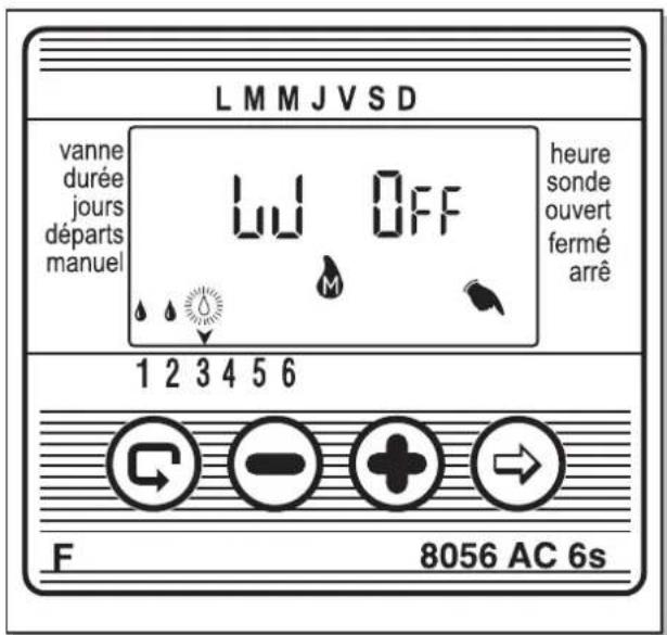 L M M J V S D vanne durée jours départs manuel LW OFF M heure sonde ouvert fermé arrê 1 2 3 4 5 6 C - + → F 8056 AC 6s