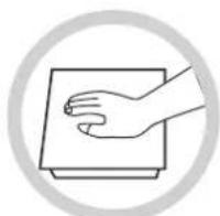 Simple line drawing of a hand pressing down on a square object within a circular frame (no text or symbols)