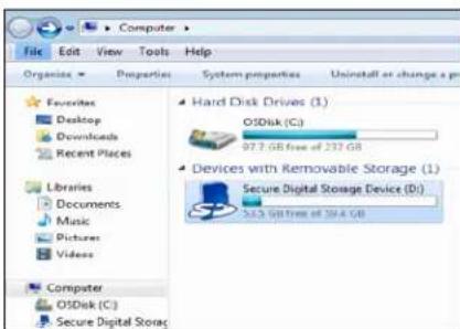 Computer File Edit View Tools Help Organize Properties System properties Uninstall or change a pr Favorites Desktop Downloads Recent Places Libraries Documents Music Pictures Videos Computer OSDisk (C:) Secure Digital Storage Hard Disk Drives (1) OSDisk (C:) 97.7 GB free of 237 GB Devices with Removable Storage (1) Secure Digital Storage Device (D:) 36.3 GB Free of 35.4 GB