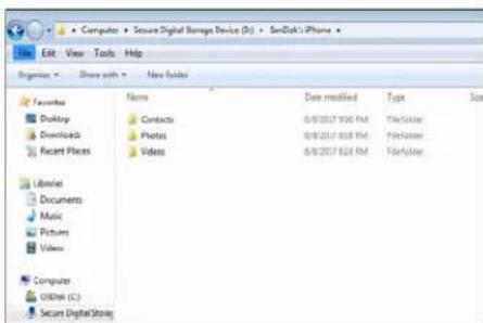 Computer > Secure Digital Storage Device (SOS) > SenDisk's iPhone Edit View Tools Help Organise > Share with > New folders Favorites Desktop Download Facant Places Libraries Documents Music Pictures Videos Computer USEIn (C:) Secure Digital Storey Name Dow modified Type Size Contacts 0/8/2017 9:00 PM FileFolder Photos 0/8/2017 8:38 PM FileFolder Videos 0/8/2017 8:38 PM FileFolder