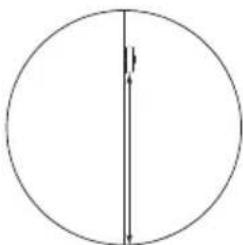 Simple circular diagram with a vertical line and an arrow, no text or symbols present.