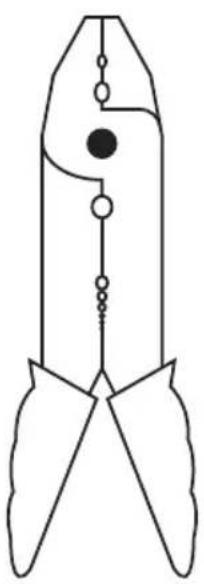 Line drawing of a pliers with internal circuit lines and a central dot (no text or symbols)
