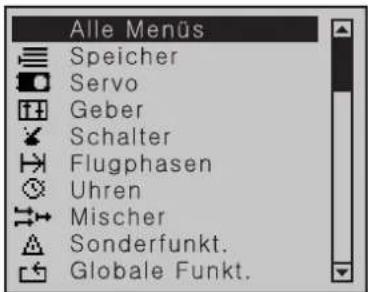 Alle Menüs Speicher Servo Geber Schalter Flugphasen Uhren Mischer Sonderfunkt. Globale Funkt.