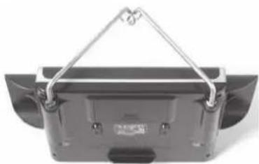 Back view of a black plastic container with metal handles, no visible text or symbols