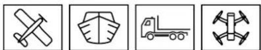 Four icon buttons representing different types of transportation modes: airplane, ship, truck, and drone (no text or symbols)