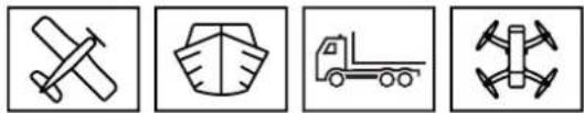 Five black-and-white icons representing different types of industrial or operational symbols: a crossed hammer, a shield, a truck, and a drone (no text or labels)