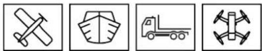 Four black-and-white icons representing different types of transportation modes: a hammer, a boat, a truck, and a drone (no text or symbols)