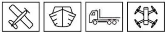 Five black-and-white icons representing different types of industrial machinery: a crossed hammer, a shield, a truck, and a drone (no text or symbols)