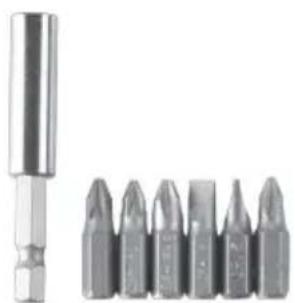 Close-up of a metallic screwdriver and six different screw sp enders (no text or symbols visible)
