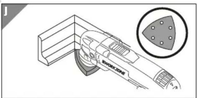 Technical line drawing of a mechanical component labeled 'WORK ZONE' with an inset showing a circular feature (no text or symbols beyond label)