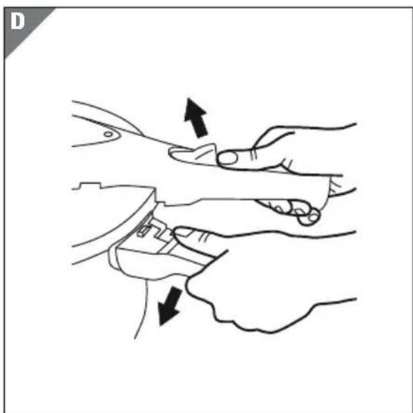 Line drawing of a hand holding a small object with two arrows indicating movement or force (no text or symbols)