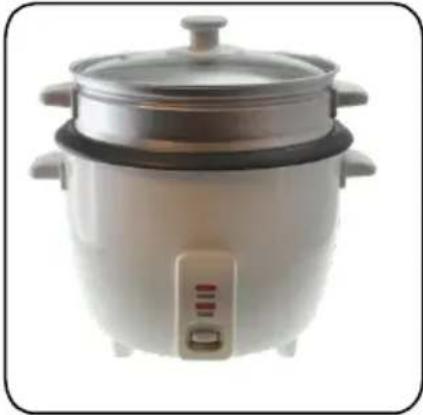 White rice cooker with lid and side-mounted cooling unit (no visible text or symbols)