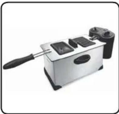 Exterior view of a stainless steel-colored square griddle with a handle and two rectangular outlets (no text or symbols visible)