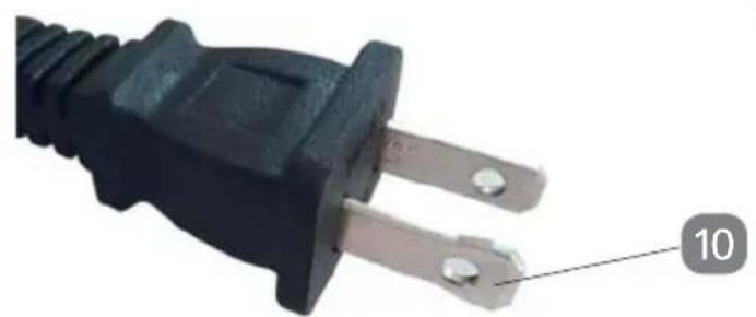 Close-up of a black electrical outlet plug with two metal pins, labeled with number 10 (no text or symbols on the plug itself)