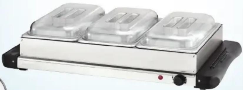 Exterior view of a modern stainless steel electric heater with three open lids and control knobs (no text or symbols visible)
