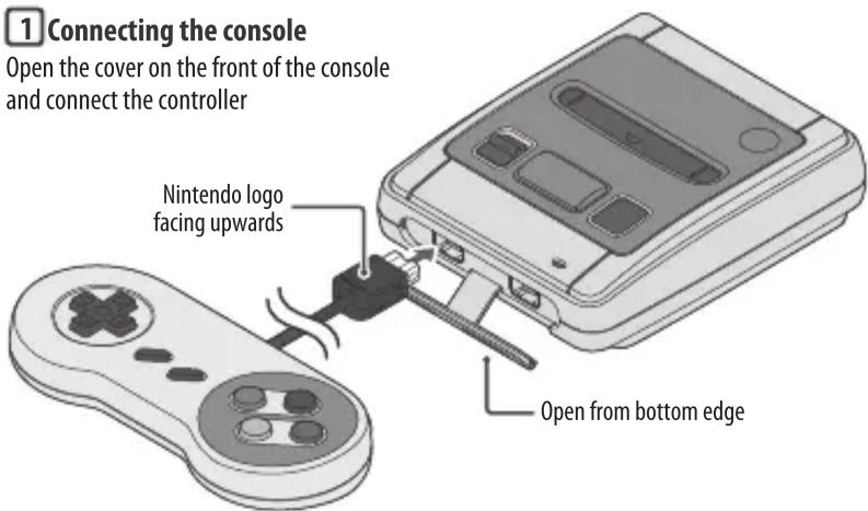 1 Connecting the console Open the cover on the front of the console and connect the controller Nintendo logo facing upwards Open from bottom edge