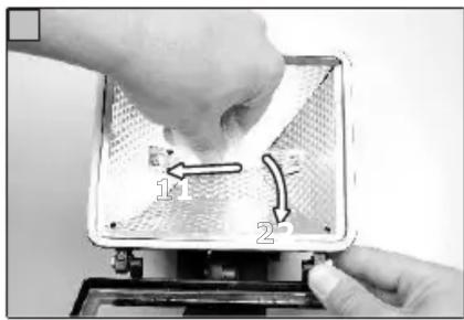 Instructional diagram showing hand pressing a component with labeled arrows and angles