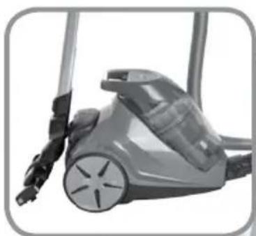 Close-up of a gray vacuum cleaner with attached hose and wheels (no visible text or symbols)