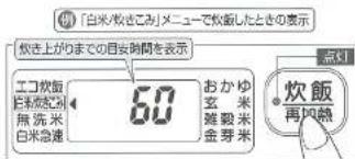 「白米/炊飯」メニューで炊飯したときの表示 炊飯上がりまでの目安時間を表示 エコ炊飯 白米迅速 無洗米 白米急速 60 おかゆ 玄 米 雑穀米 金芽米 点灯 炊飯 再回熱