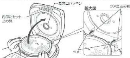 内図たセット 止め具 蒸気口パッキン 拡大図 ツメ差込み部 ツメ