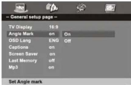 General setup page TV Display 16:9 Angle Mark on On OSD Lang ENG Off Captions on Screen Saver on Last Memory off Mp3 on Set Angle mark
