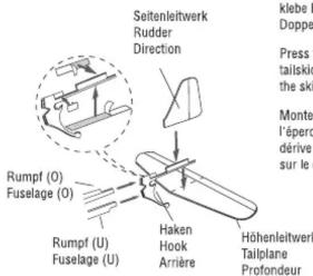 Seitenleitwerk Rudder Direction Rumpf (O) Fuselage (O) Rumpf (U) Fuselage (U) Haken Hook Arrière Höhenleitwerk Tailplane Profondeur klebe H Doppel Press t tailskid the ski Monter l'épero dérive: sur le c