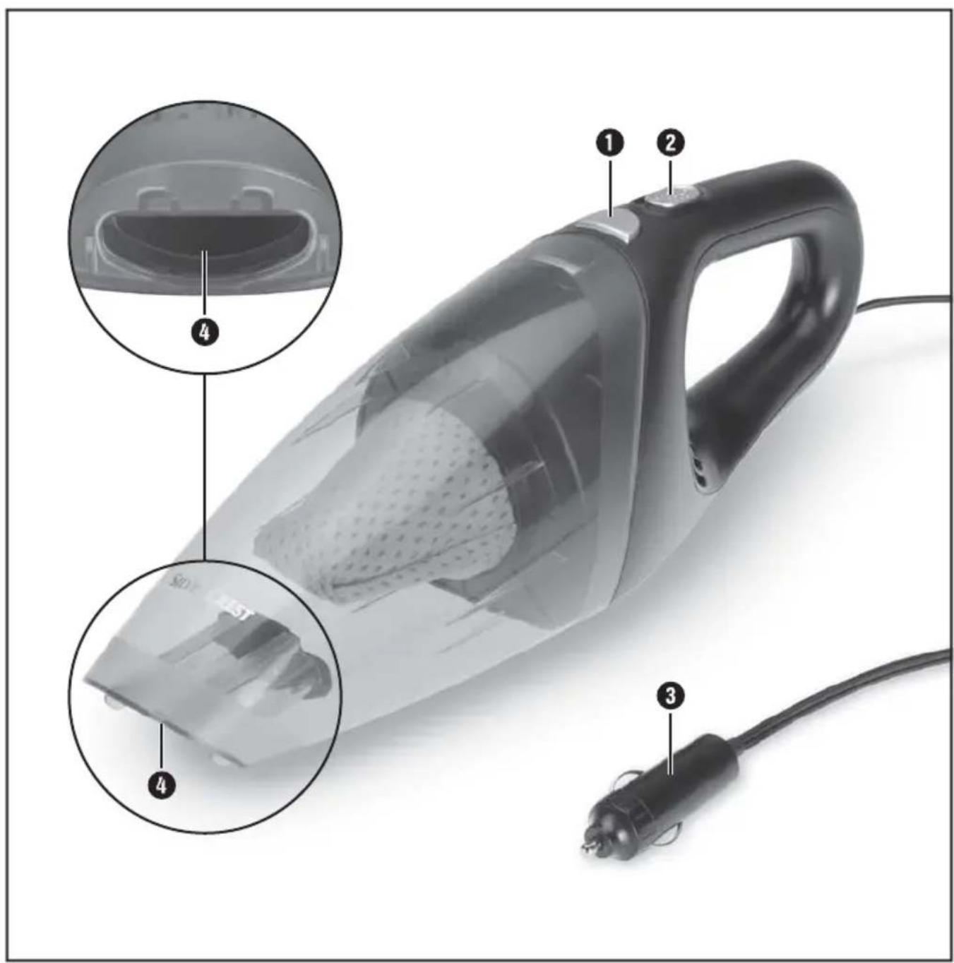 Labeled diagram of a vacuum cleaner with numbered parts and internal components shown in views
