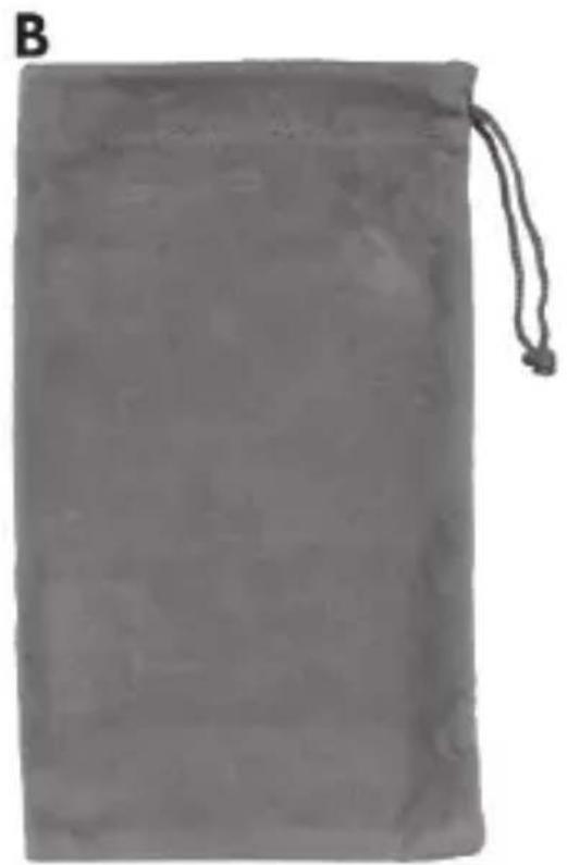Gray fabric bag with a string tied at the bottom, labeled 'B' in the top-left corner (no other text or symbols visible)