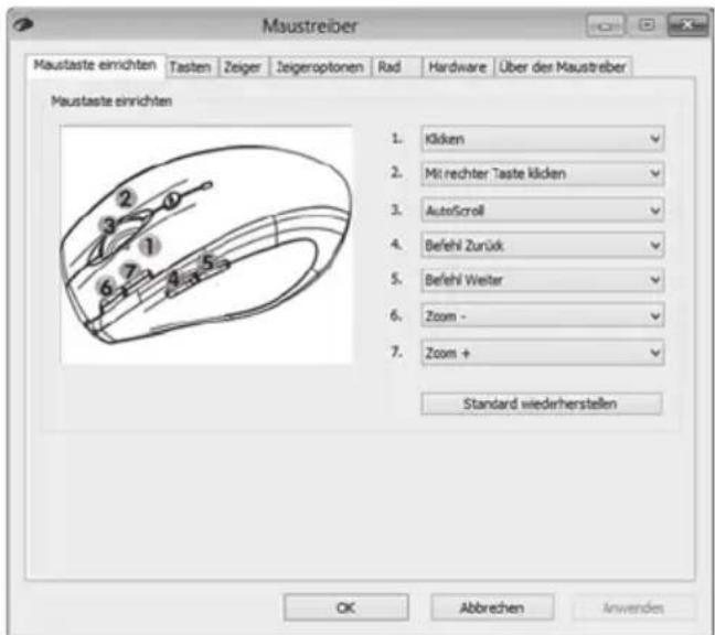 Moustreiber Maustaste einrichten Tasten Zeiger Zeigeroptonen Rad Hardware Über der Maustreiber Maustaste einrichten 1. Käken 2. Mit rechter Taste käken 3. AutoScroll 4. Befehl Zurück 5. Befehl Weiter 6. Zoom - 7. Zoom + Standard wiederherstellen OK Abbrechen Anwendes