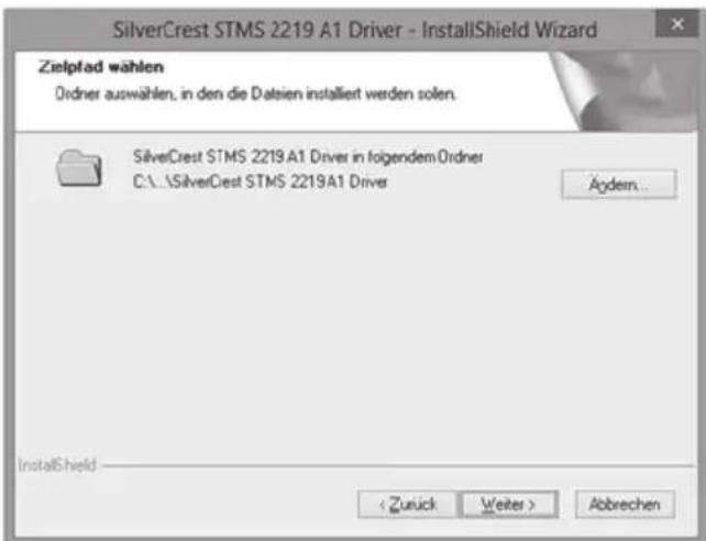 SilverCrest STMS 2219 A1 Driver - InstallShield Wizard Zielpfad wählen Ordner auswählen, in den die Datsien installiert werden solen. SilverCrest STMS 2219 A1 Driver in folgendem Ordner C:\SilverCrest STMS 2219A1 Driver Ärdern... InstallShield Abrechen