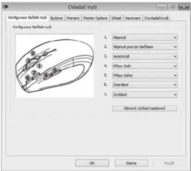 Ovladač myši Konfigurace tačitek myši Buttons Pointers Pointer Options Wheel Hardware Olovladač myši Konfigurace tačitek myši 1. Klepnutí 2. Klepnutí pravým tačitben 3. AutoScroll 4. Příkaz Zvět 5. Příkaz Vpřed 6. Zmenšení 7. Zvětlení Obnovit východ nastavení OK Stane Poult