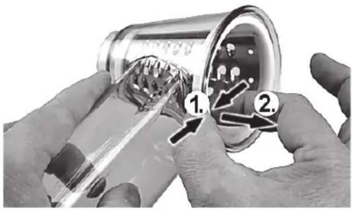 Diagram showing hands installing or adjusting a component with numbered callouts indicating steps 1 and 2.