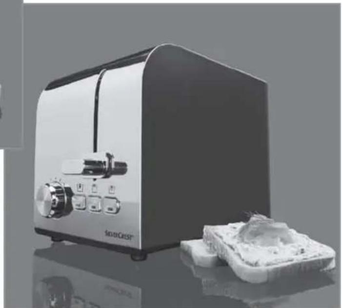 Exterior view of a modern kitchen toaster with a cutaway view of its food item (no text or symbols visible)