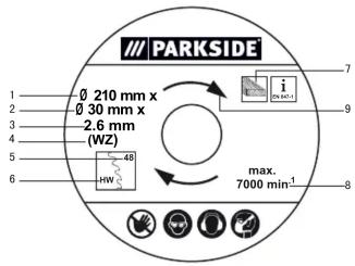 PARKSIDE Ø 210 mm x Ø 30 mm x -2.6 mm (WZ) 48 H/W max. 7000 min⁻¹ 7 9 8