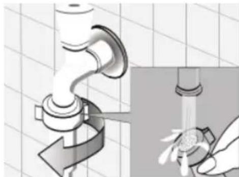 Illustration of a faucet cleaning process with a hand holding a sink and spraying water (no text or symbols)