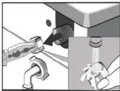 Diagram showing a faucet being inserted into a sink with a water tap, no text or symbols present