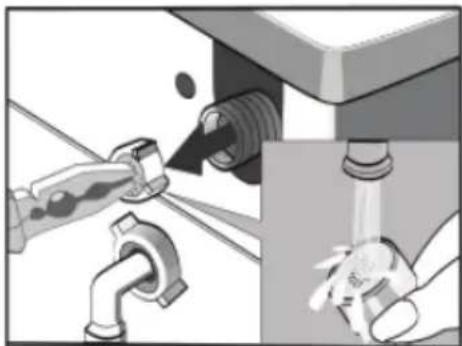 Illustration of a faucet being inserted into a sink with a hand washing it (no text or symbols present)
