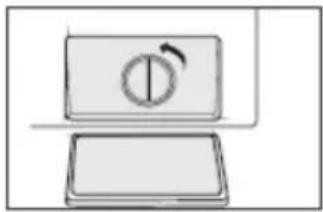 Simple line drawing of a rectangular object with a circular symbol and an arrow, no text or labels present.