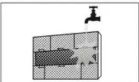 Diagram of a bathroom sink with faucet and tiled walls (no text or symbols)