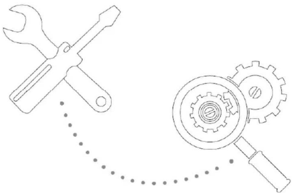 Line drawing of a wrench and screwdriver crossed with a gear, connected by dotted lines (no text or symbols)