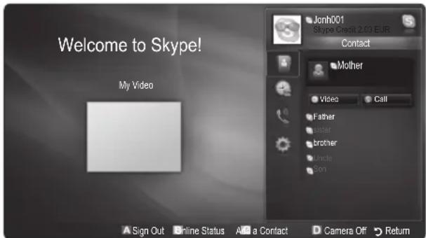 Welcome to Skype! My Video: Jonh001. Skype Credit 2.03 EUR. Contact: Mother. Video Call: Father, father, brother, uncle, son. Sign Out, Online Status, Add a Contact, Camera Off, Return.