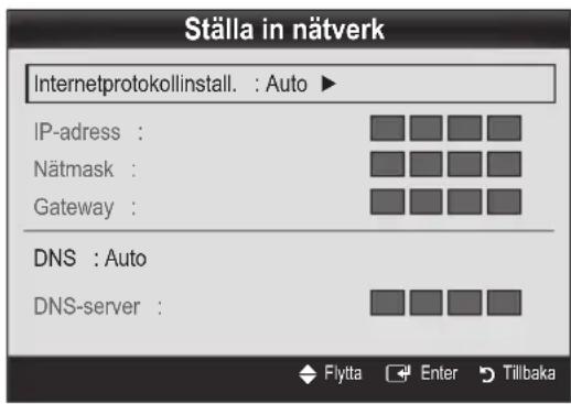 Ställa in nätverk Internetprotokollinstall.: Auto ► IP-adress: Nätmask: Gateway: DNS: Auto DNS-server: