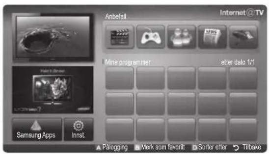 Anbefalt Internet@TV Mine programmer etter dato 1/1 Samsung Apps Innst. Pålogging Merk som favoritt Sorter etter Tilbake
