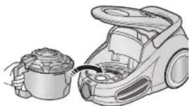Illustration of a vacuum cleaner with a lid and internal components (no text or symbols)